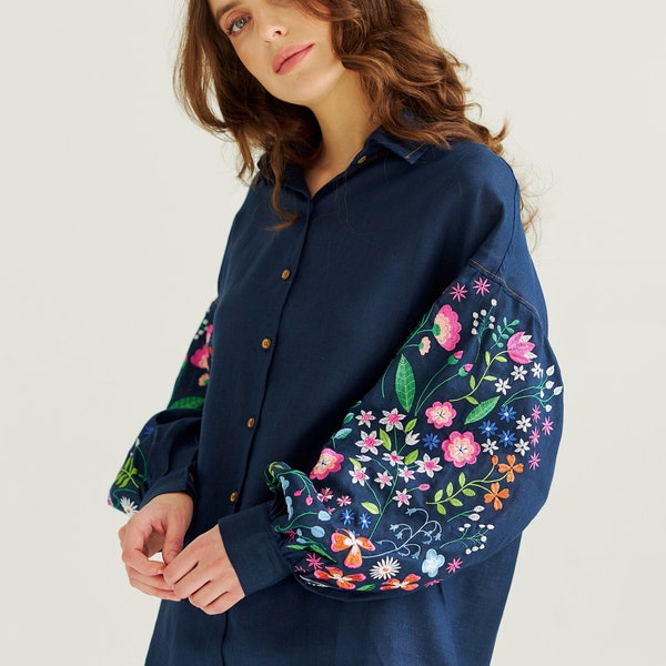 Embroidered  linen  blouse with wildflowers. Vyshyvanka blouse.  In stock