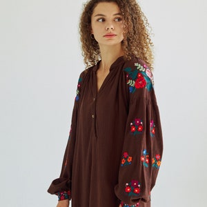 Embroidered cotton midi dress.Ukrainian Vyshyvanka chocolate brown dress for women. Traditional ukrainian embroidery. IN STOCK image 10