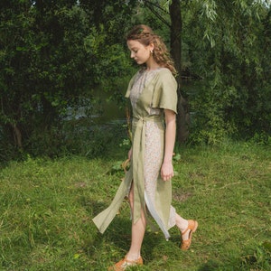 Green Linen Midi Dress with Floral patterns | Short Sleeve Summer Dress with Belt & Hidden Pockets | Lightweight Boho Dress