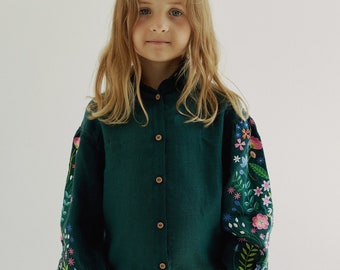 Forest green linen vyshyvanka blouse for girls. Ukrainian collar shirt for kids. IN STOCK
