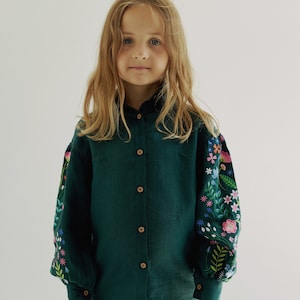 Forest green linen vyshyvanka blouse for girls. Ukrainian collar shirt for kids. IN STOCK image 1