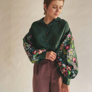 Forest embroidered linen blouse in Mexican style. Ukrainian embroidered vyshyvanka blouse. IN STOCK xS-2XL image 1