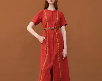 Simple linen dress with embroidered relief. Casual coral midi dress. Designer ukrainian vyshyvanka dress