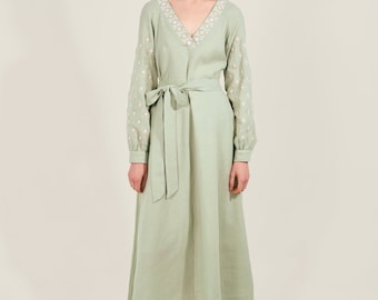 Embroidered Linen Vyshyvanka Dress: Pistachio Green Midi with Pockets. Size XS-S