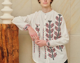 Soft white linen shirt for men with ukrainian cross stitched embroidery