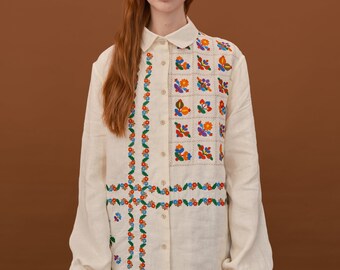 Designer linen embroidered shirt. Modern ukrainian vyshyvanka Yavoriv region