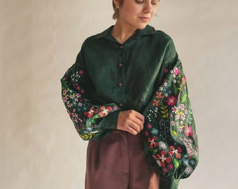 Forest embroidered linen blouse in Mexican style. Ukrainian embroidered vyshyvanka blouse. IN STOCK XS-Хl