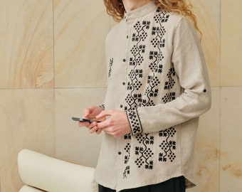 Unisex button down shirt natural flex linen. Embroidered modern  designer vyshyvanka Hadyach