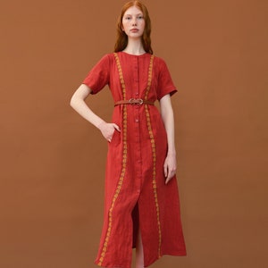 Simple linen dress with embroidered relief. Casual coral midi dress. Designer ukrainian vyshyvanka dress image 1