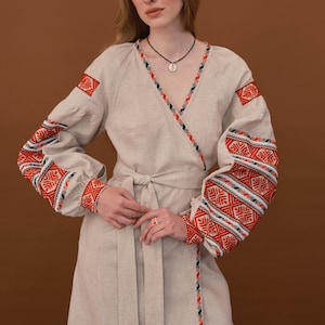 Wrap linen embroidered dress. Ukrainian modern vyshyvanka. Made in Ukraine. Summer midi dress. Made to order