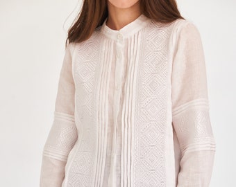 Embroidered linen blouse. Edwardian style blouse. Ukrainian designer modern vyshyvanka blouse. Made to order