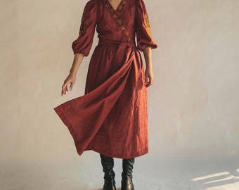 Cottagecore embroidered wrap linen dress. Cinnamon midi dress with birds. MADE TO ORDER 3-5 weeks