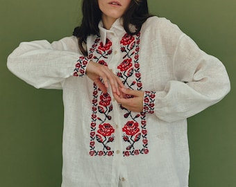 Oversized linen collar shirt with floral cross-stitched embroidery for women. Ukrainian white vyshyvanka blouse. Made in Ukraine
