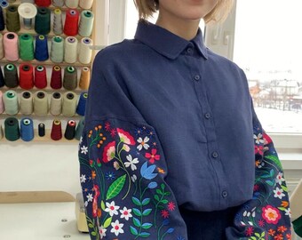 Blackberry blue linen blouse with embroidered wildflowers