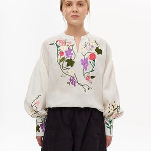 Linen Embroidered Blouse – Ukrainian Vyshyvanka “Roses and Grapes” Ivory Boho Folk Top – Gift for Her – Handmade Shirt. Dispatch 1-2 days!