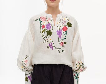 Linen Embroidered Blouse – Ukrainian Vyshyvanka “Roses and Grapes” Ivory Boho Folk Top – Gift for Her – Handmade Shirt. Dispatch 1-2 days!