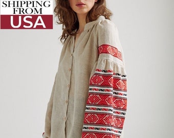 Linen peasant blouse with Ukrainian embroidery. Vyshyvanka modern blouse. iN STOCK