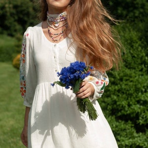 Cottagecore linen embroidered dress. Ukrainian simple wedding dress.  IN STOCK M, L, XL