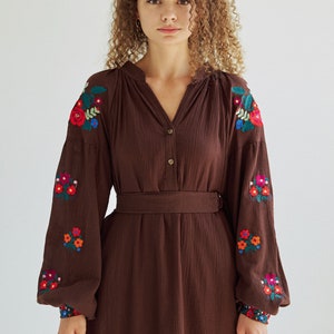 Embroidered cotton midi dress.Ukrainian Vyshyvanka chocolate brown dress for women. Traditional ukrainian embroidery. IN STOCK image 5