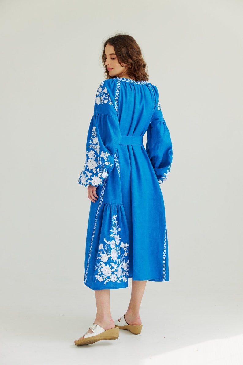 Blue linen embroidered dress. Ukrainian dress, boho wedding dress. In stock s, m image 3