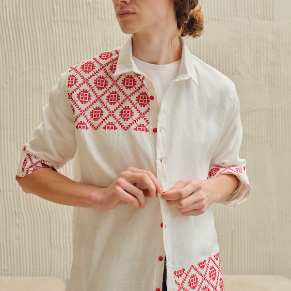 Modern vyshyvanka unisex. Ukraine linen embroidered cross stitched unisex shirt. Made in Ukraine.