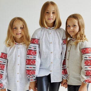 Girl peasant vyshyvanka blouse. Ukrainian cotton shirt for kids. IN STOCK zdjęcie 6