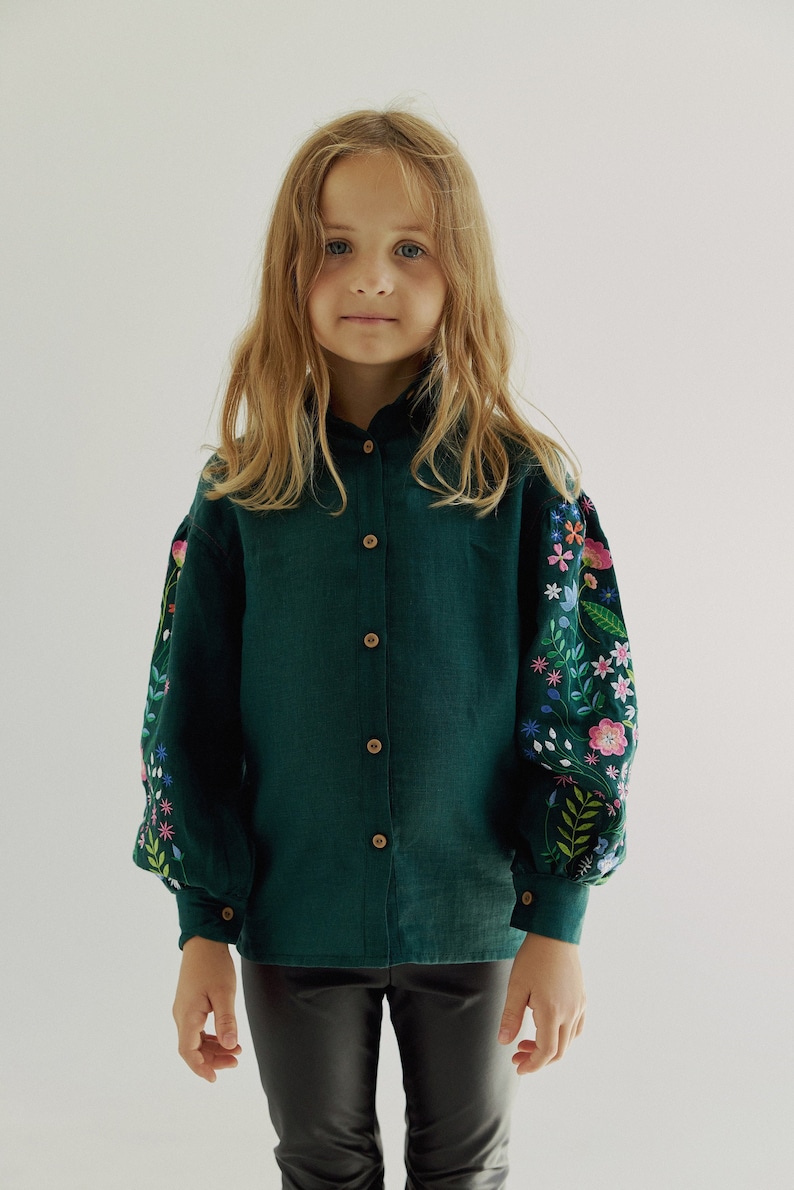 Forest green linen vyshyvanka blouse for girls. Ukrainian collar shirt for kids. IN STOCK image 1