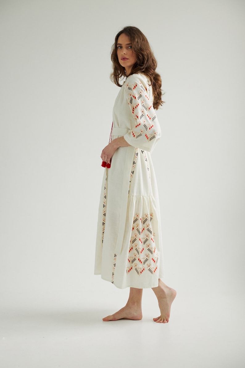 Ukrainian vyshyvanka dress. Embroidered kaftan dress for summer with pockets. Simple wedding dress. IN STOCK image 4