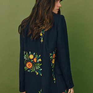 Black LINEN blazer with ukrainian embroidery. Patchwork summer oversized jacket for women. Ukrainian designer jacket image 1