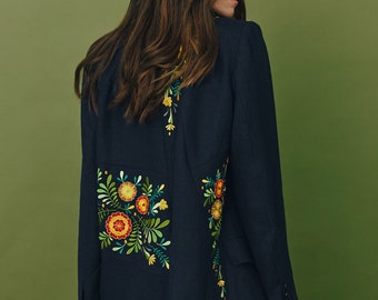 Black LINEN blazer with ukrainian embroidery. Patchwork summer oversized jacket for women. Ukrainian designer jacket