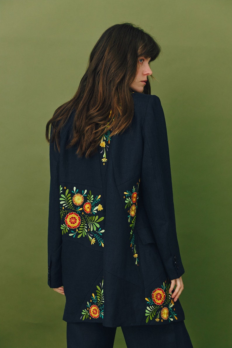 Black LINEN blazer with ukrainian embroidery. Patchwork summer oversized jacket for women. Ukrainian designer jacket image 1