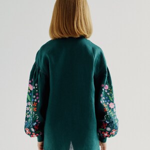 Forest green linen vyshyvanka blouse for girls. Ukrainian collar shirt for kids. IN STOCK image 5