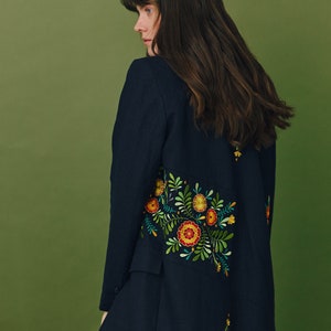 Black LINEN blazer with ukrainian embroidery. Patchwork summer oversized jacket for women. Ukrainian designer jacket image 7