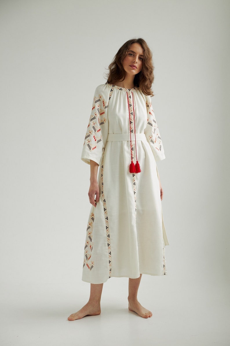 Ukrainian vyshyvanka dress. Embroidered kaftan dress for summer with pockets. Simple wedding dress. IN STOCK image 1