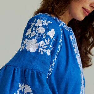Blue linen embroidered dress. Ukrainian dress, boho wedding dress. In stock s, m image 9
