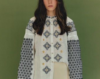 Linen peasant embroidered top with puffy sleeves. White vyshyvanka blouse. Made in Ukraine