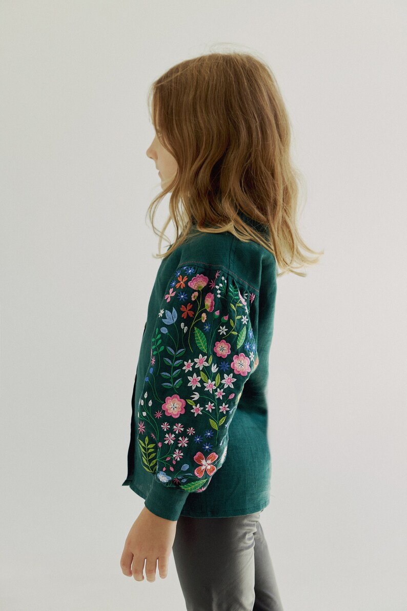 Forest green linen vyshyvanka blouse for girls. Ukrainian collar shirt for kids. IN STOCK image 7