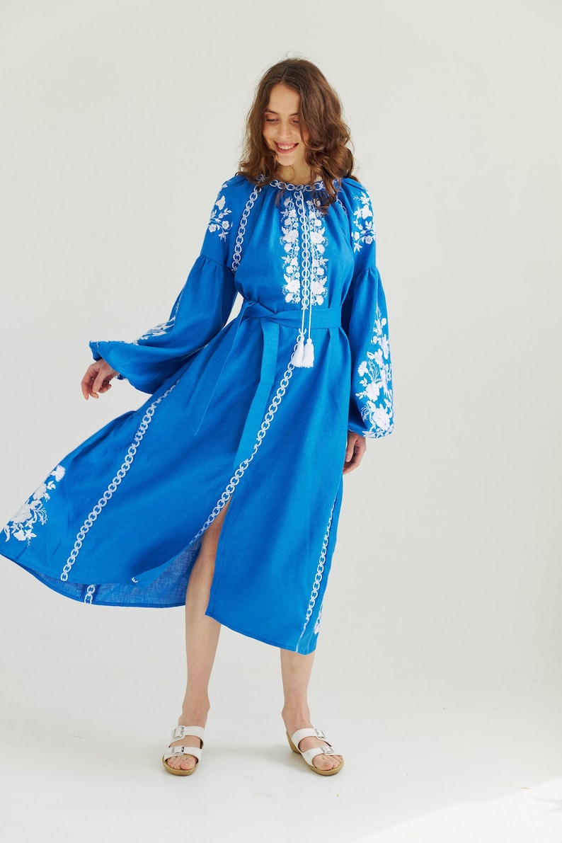 Blue linen embroidered dress. Ukrainian dress, boho wedding dress. In stock s, m image 1