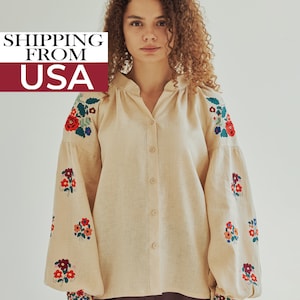 Ukrainian traditional floral vyshyvanka blouse. Beige Linen puffy sleeve peasant top for women. IN STOCK