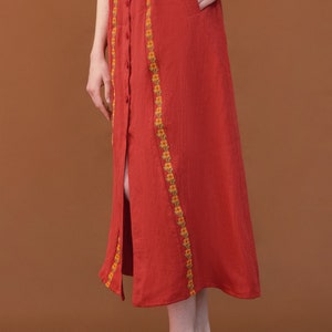 Simple linen dress with embroidered relief. Casual coral midi dress. Designer ukrainian vyshyvanka dress image 6
