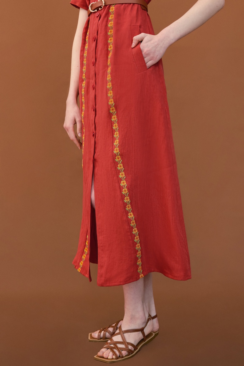 Simple linen dress with embroidered relief. Casual coral midi dress. Designer ukrainian vyshyvanka dress image 6