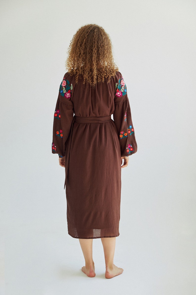 Embroidered cotton midi dress.Ukrainian Vyshyvanka chocolate brown dress for women. Traditional ukrainian embroidery. IN STOCK image 3