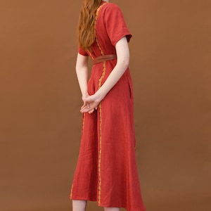 Simple linen dress with embroidered relief. Casual coral midi dress. Designer ukrainian vyshyvanka dress image 4