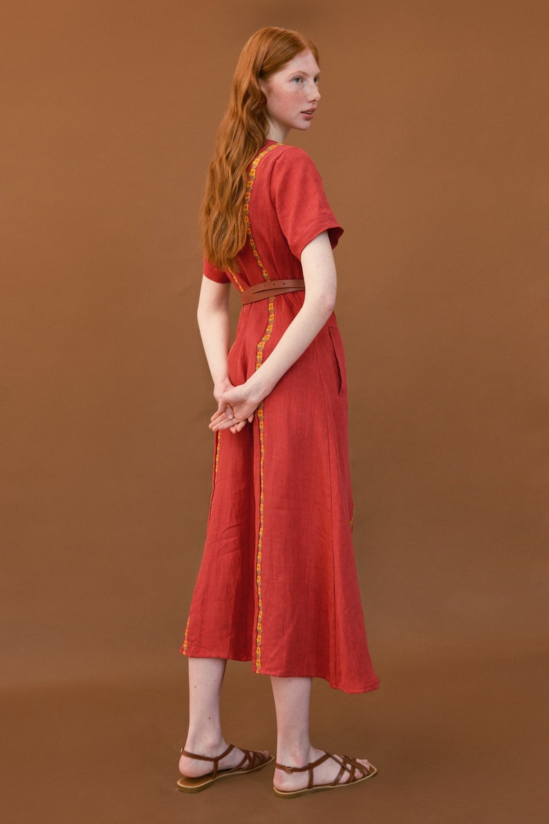 Simple linen dress with embroidered relief. Casual coral midi dress. Designer ukrainian vyshyvanka dress image 4