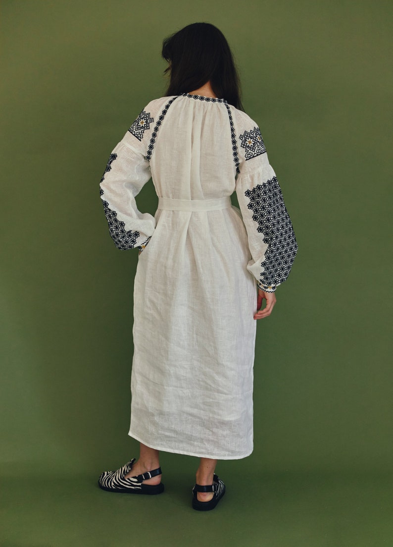 Ukrainian linen white embroidered dress.Summer luxury loungerwear dress. Bridal simple dress. Cottagecore dress image 5