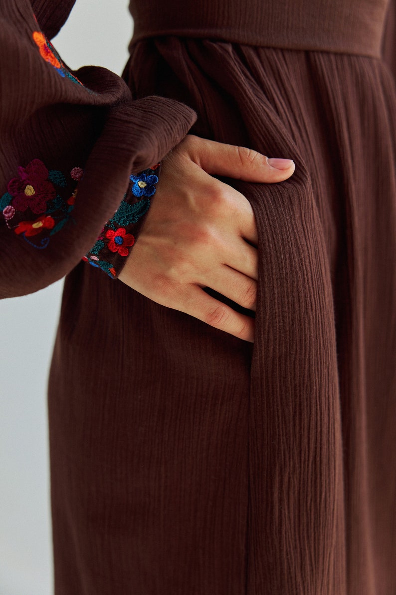 Embroidered cotton midi dress.Ukrainian Vyshyvanka chocolate brown dress for women. Traditional ukrainian embroidery. IN STOCK image 8
