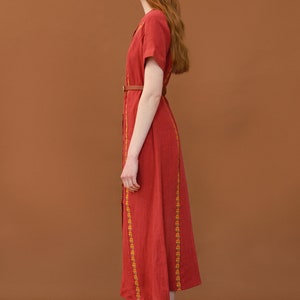 Simple linen dress with embroidered relief. Casual coral midi dress. Designer ukrainian vyshyvanka dress image 3