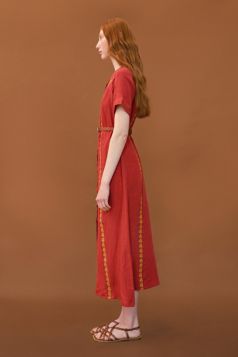 Simple linen dress with embroidered relief. Casual coral midi dress. Designer ukrainian vyshyvanka dress image 3