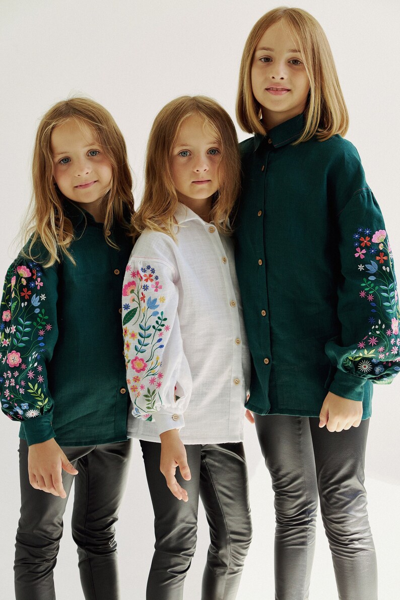 Forest green linen vyshyvanka blouse for girls. Ukrainian collar shirt for kids. IN STOCK image 2