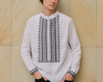 White linen vyshyvanka shirt for men. Karpaty embroidery